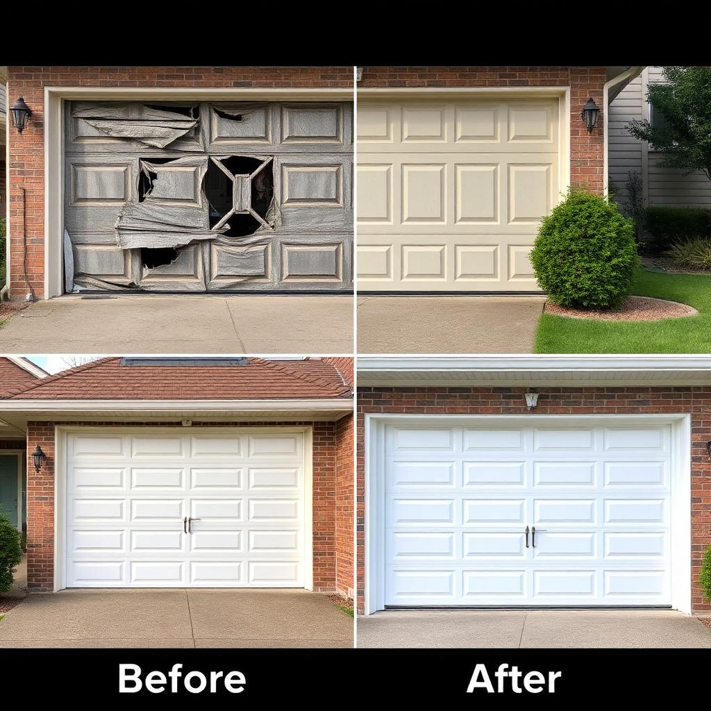 Before and after garage door replacement showing dramatic improvement